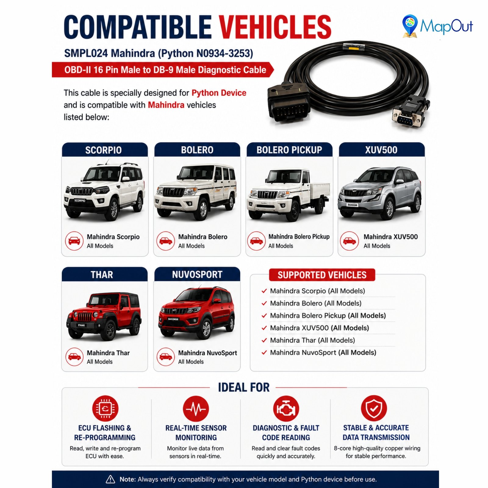SMPL024 Mahindra (Python N0934-3253) OBD-ll 16 Pin Male to DB-9 Male Diagnostic Cable for Flashing, Re-programming, Real-time sensor monitoring - Image 4