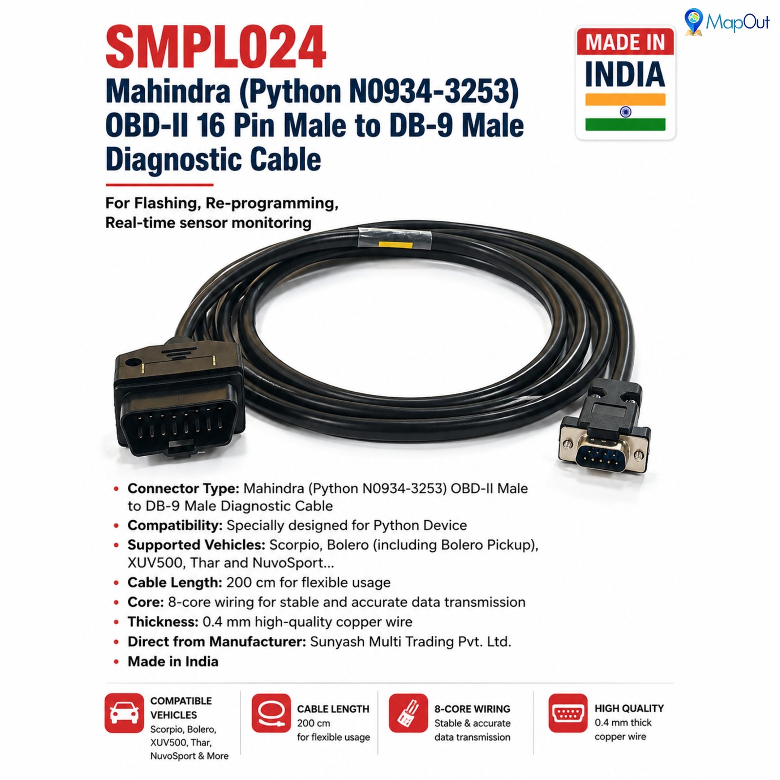 SMPL024 Mahindra (Python N0934-3253) OBD-ll 16 Pin Male to DB-9 Male Diagnostic Cable for Flashing, Re-programming, Real-time sensor monitoring - Image 5