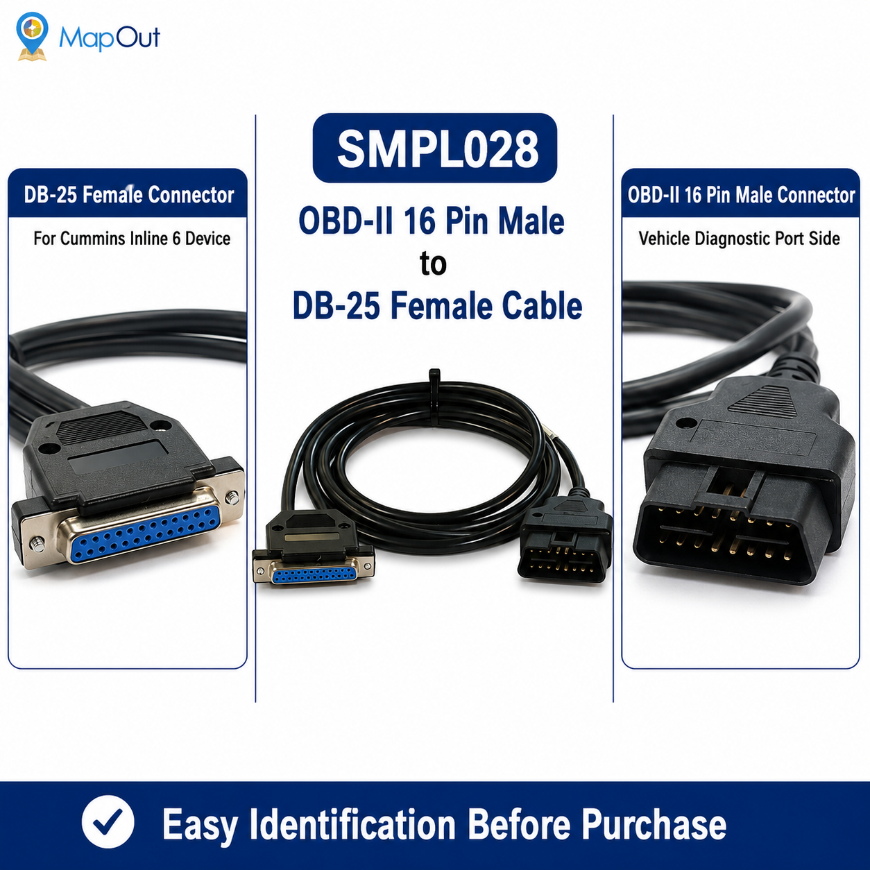 SMPL028 Tata Motors Cummins Inline 6 OBD-ll 16 Pin Male to DB-25 Female Diagnostic Cable for most heavy and medium-duty commercial vehicles - Image 2