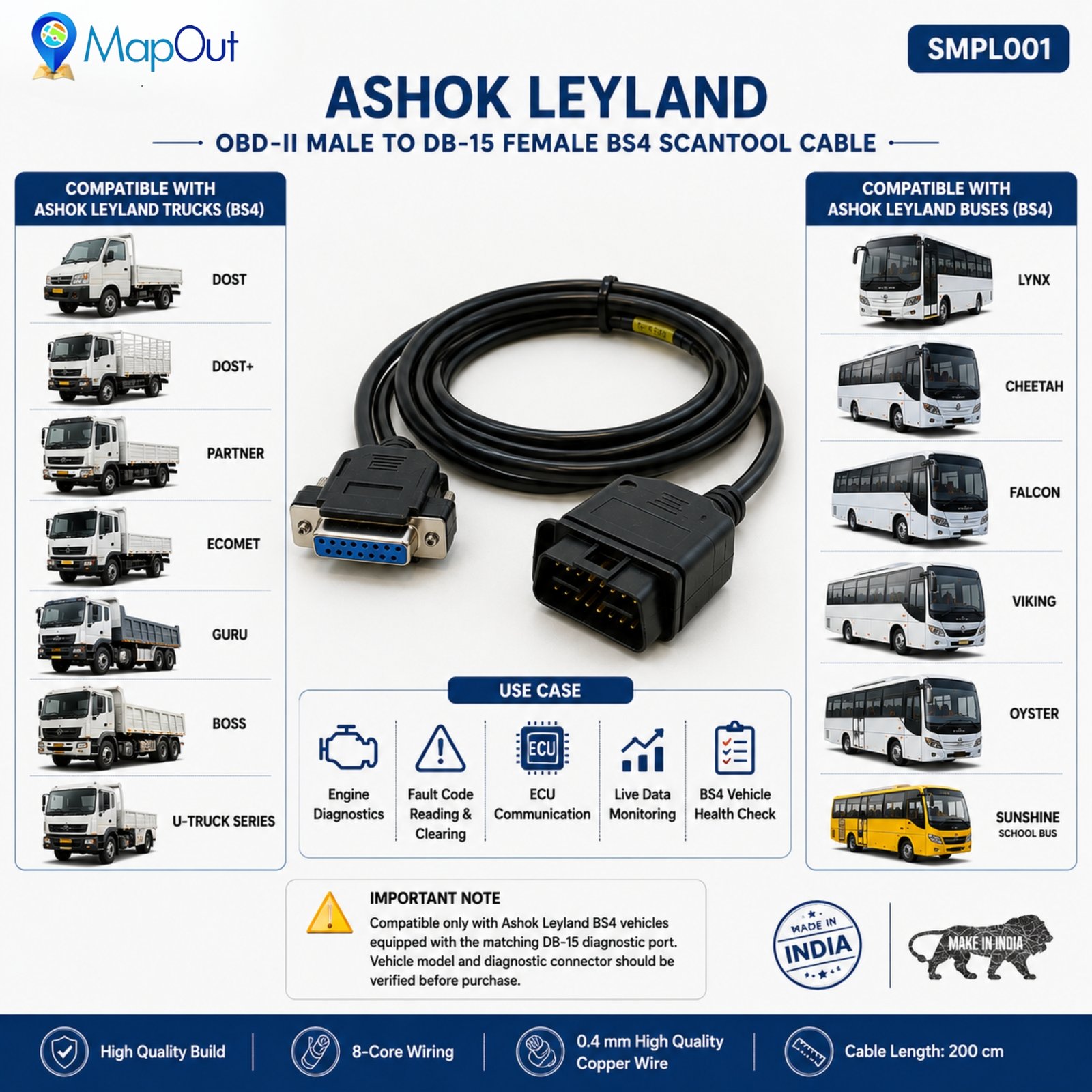 SMPL001 Ashok leyland OBD-ll 16 Pin Male to DB-15 Female BS4 Scantool Diagnostic Cable for Trucks & Buses - Image 4