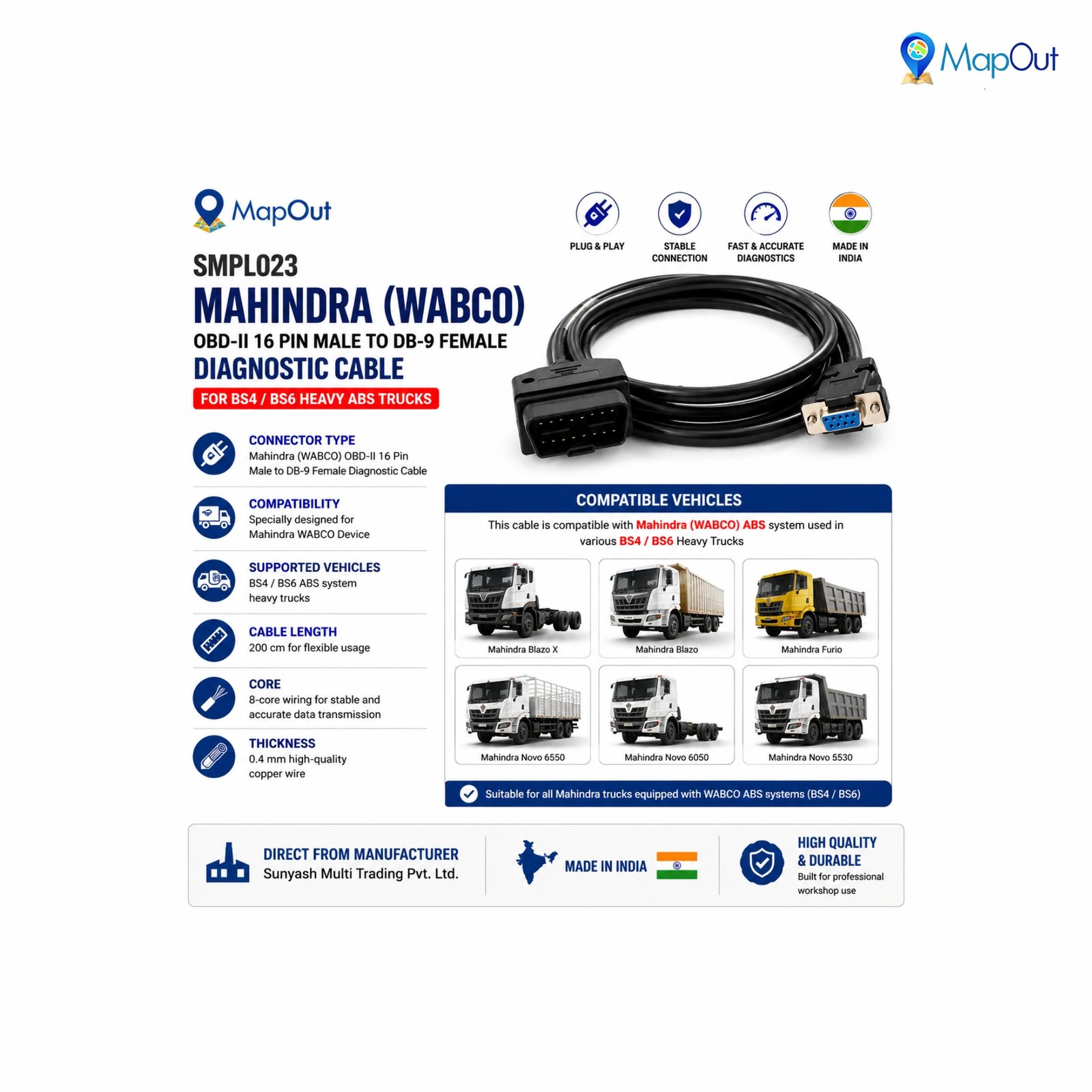 SMPL023 Mahindra (WABCO) OBD-ll 16 Pin Male to DB-9 Female Diagnostic Cable for BS4 / BS6 Heavy ABS Trucks - Image 4