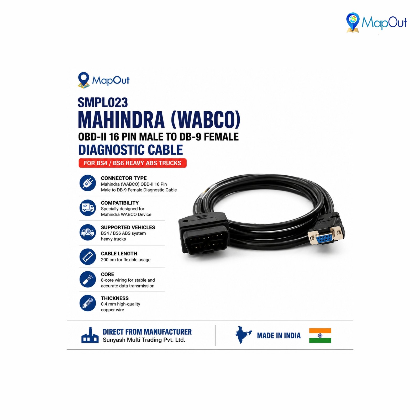 SMPL023 Mahindra (WABCO) OBD-ll 16 Pin Male to DB-9 Female Diagnostic Cable for BS4 / BS6 Heavy ABS Trucks - Image 5