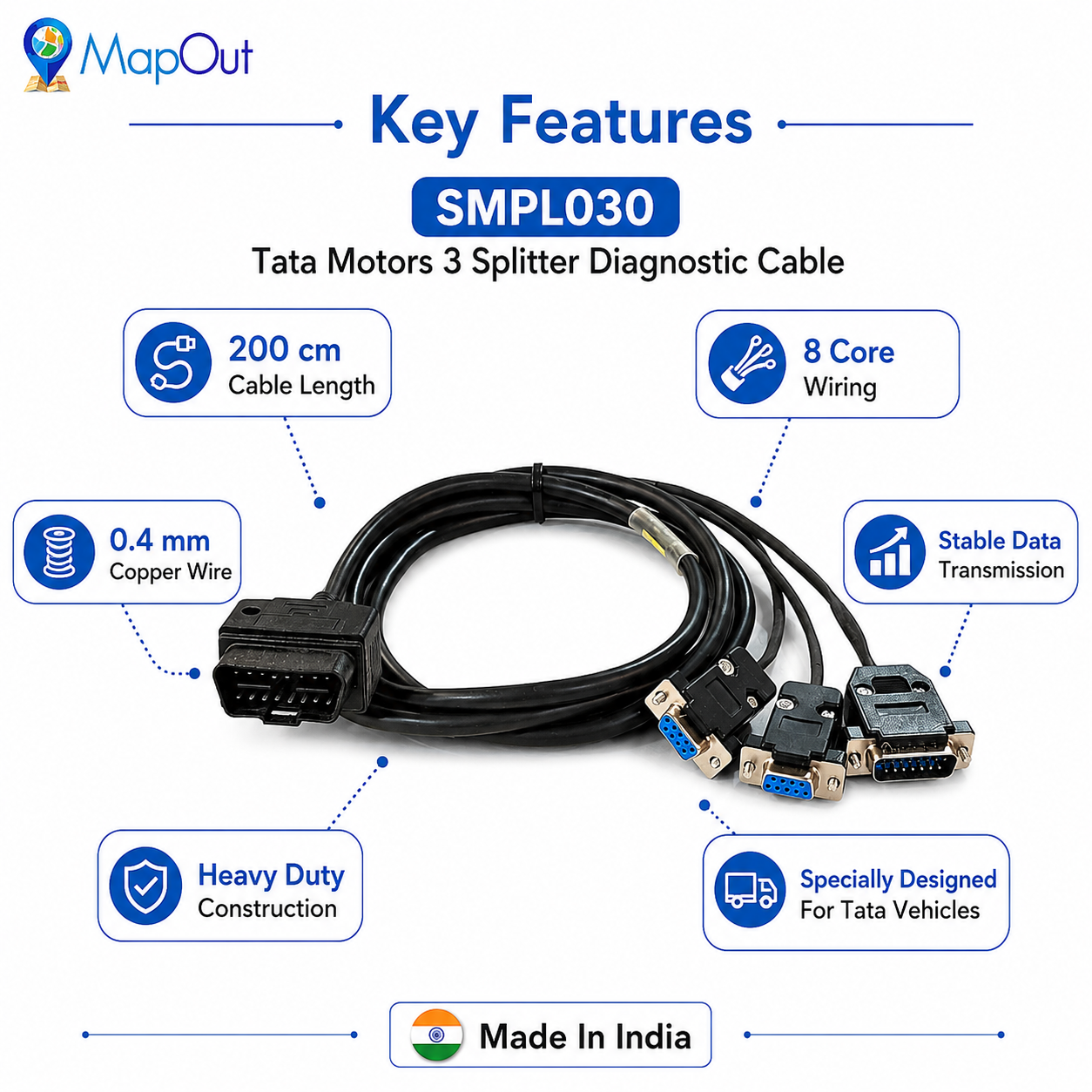 SMPL030 Tata Motors (3 Splitter) OBD-ll 16 Pin Male to DB-9 Female, DB-9 Female, DB-15 Male Diagnostic Cable for Intermediate and Light Commercial Vehicles and Buses - Image 3