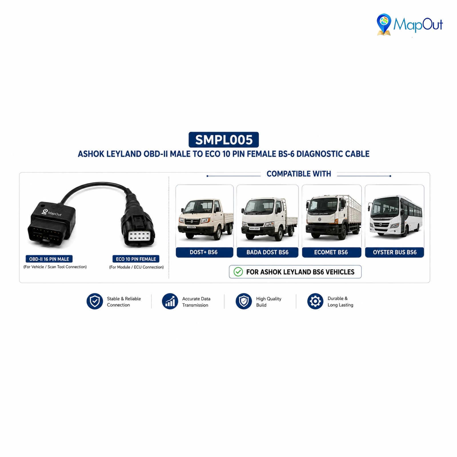 SMPL005 Ashok Leyland OBD-ll 16 Pin Male to ECO 10 Pin Female BS6 Diagnostic Cable for Connect all Device - Image 3