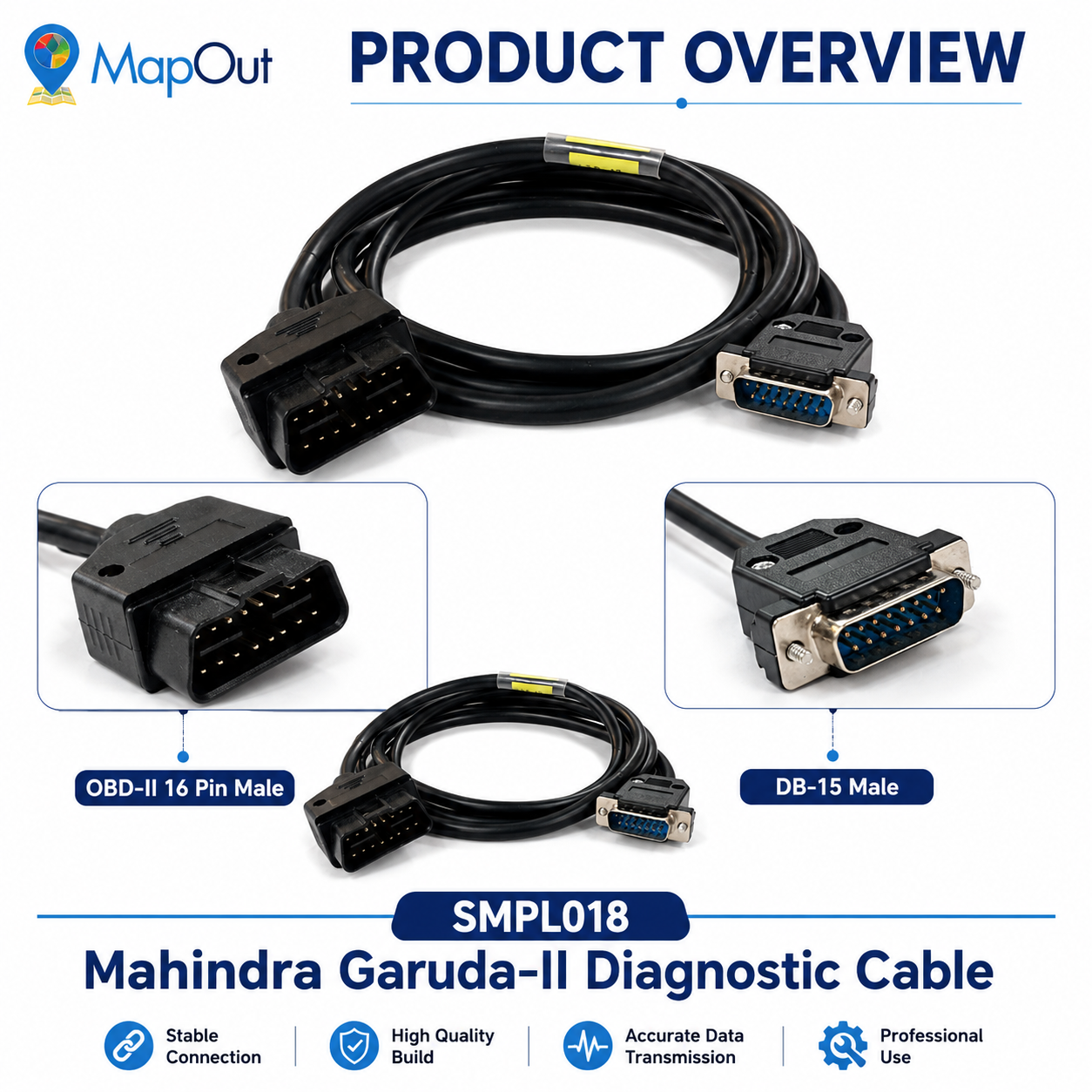 SMPL018 Mahindra (Garuda-ll) OBD-ll 16 Pin Male to DB-15 Male Diagnostic Cable for Trucks and Commercial Vehicle - Image 2