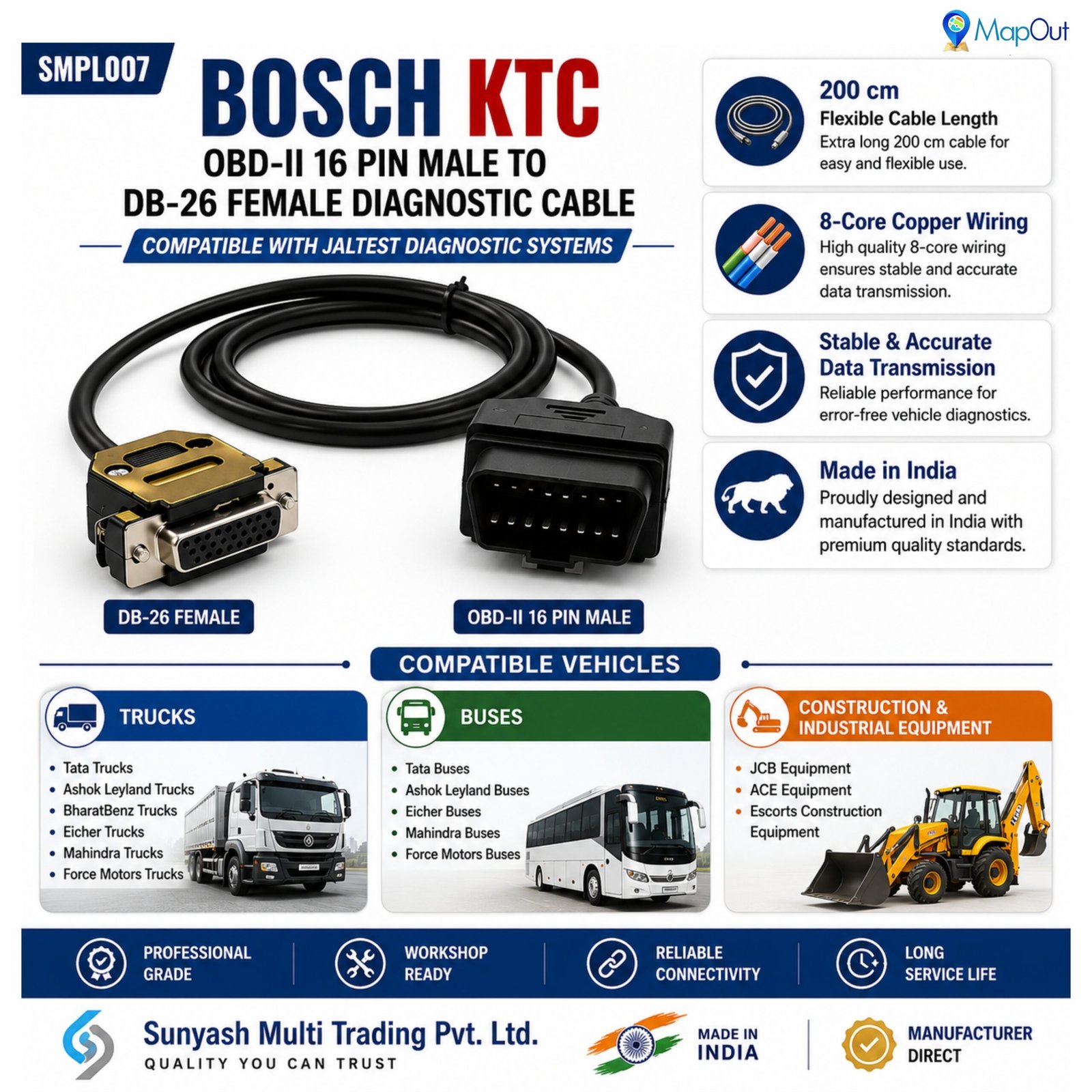 SMPL007 KTC OBD-ll 16 Pin Male to DB-26 Female Diagnostic Cable for Jaltest Diagnostic Device - Image 5