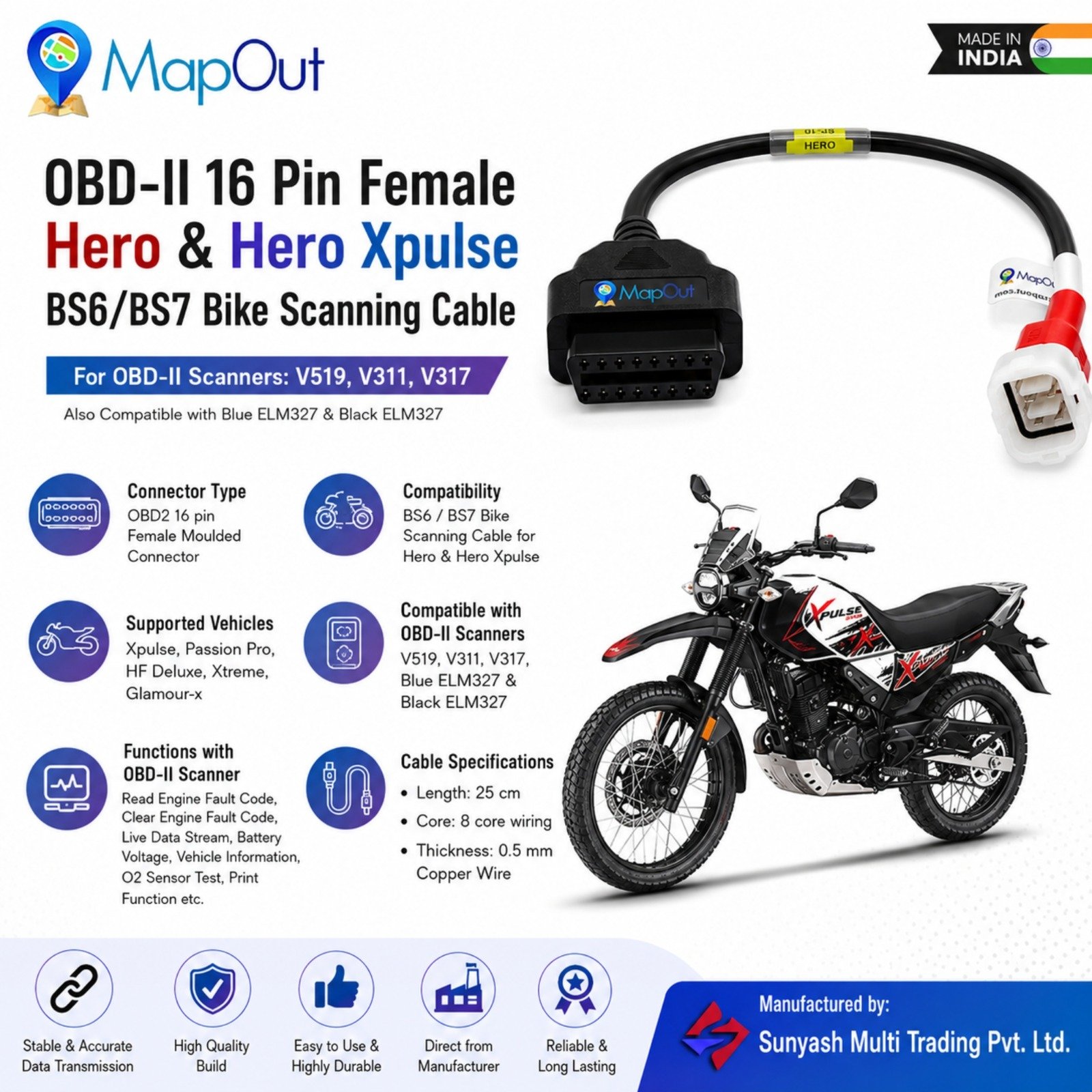SMPL105 OBD-ll 16 Pin Female to 5 Pin Male Coupler for Hero & Hero Xpulse BS6/BS7 Bike Scanning Cable Compatible with OBD-ll V519, V311, V317 and Blue ELM327 Scanner - Image 4