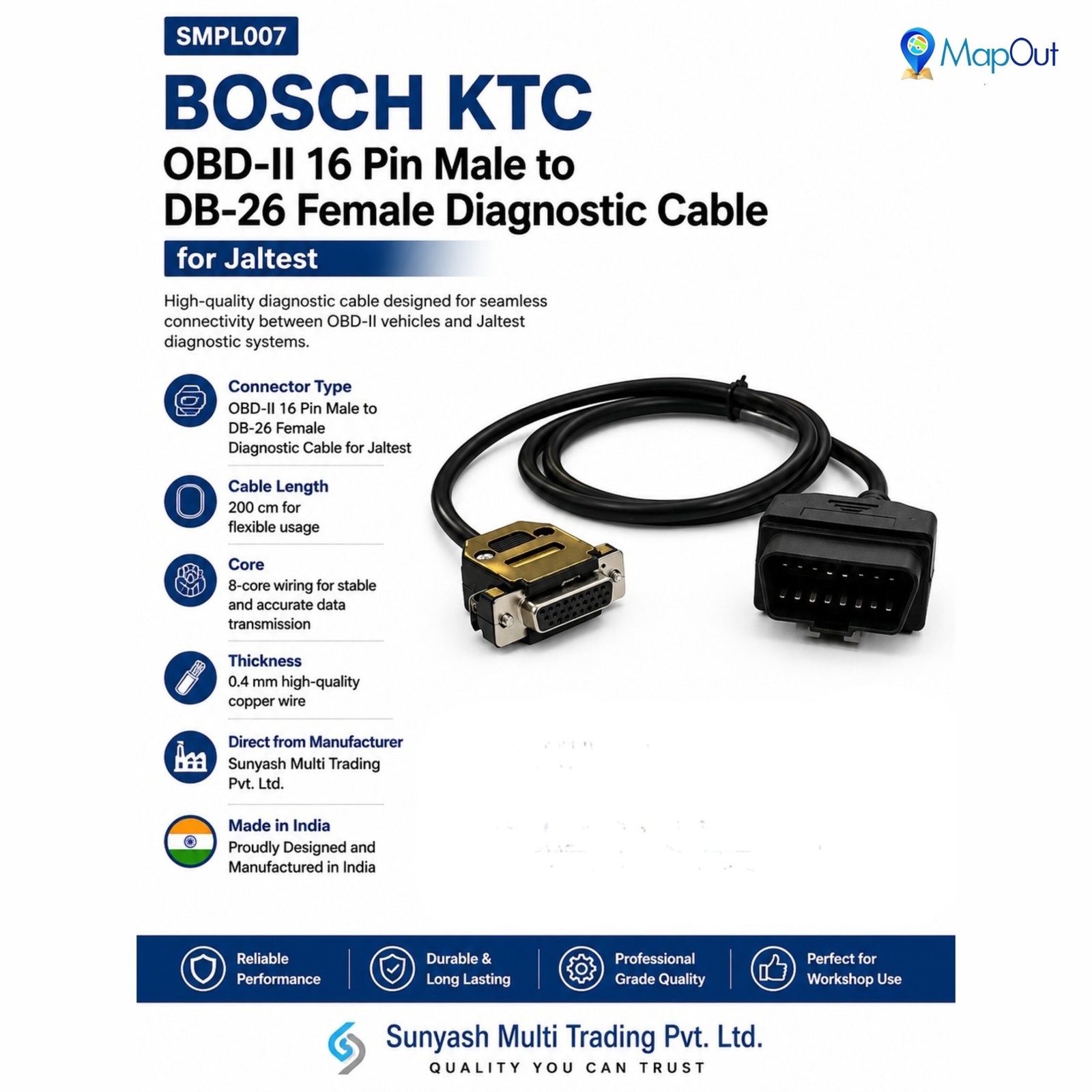 SMPL007 KTC OBD-ll 16 Pin Male to DB-26 Female Diagnostic Cable for Jaltest Diagnostic Device - Image 3
