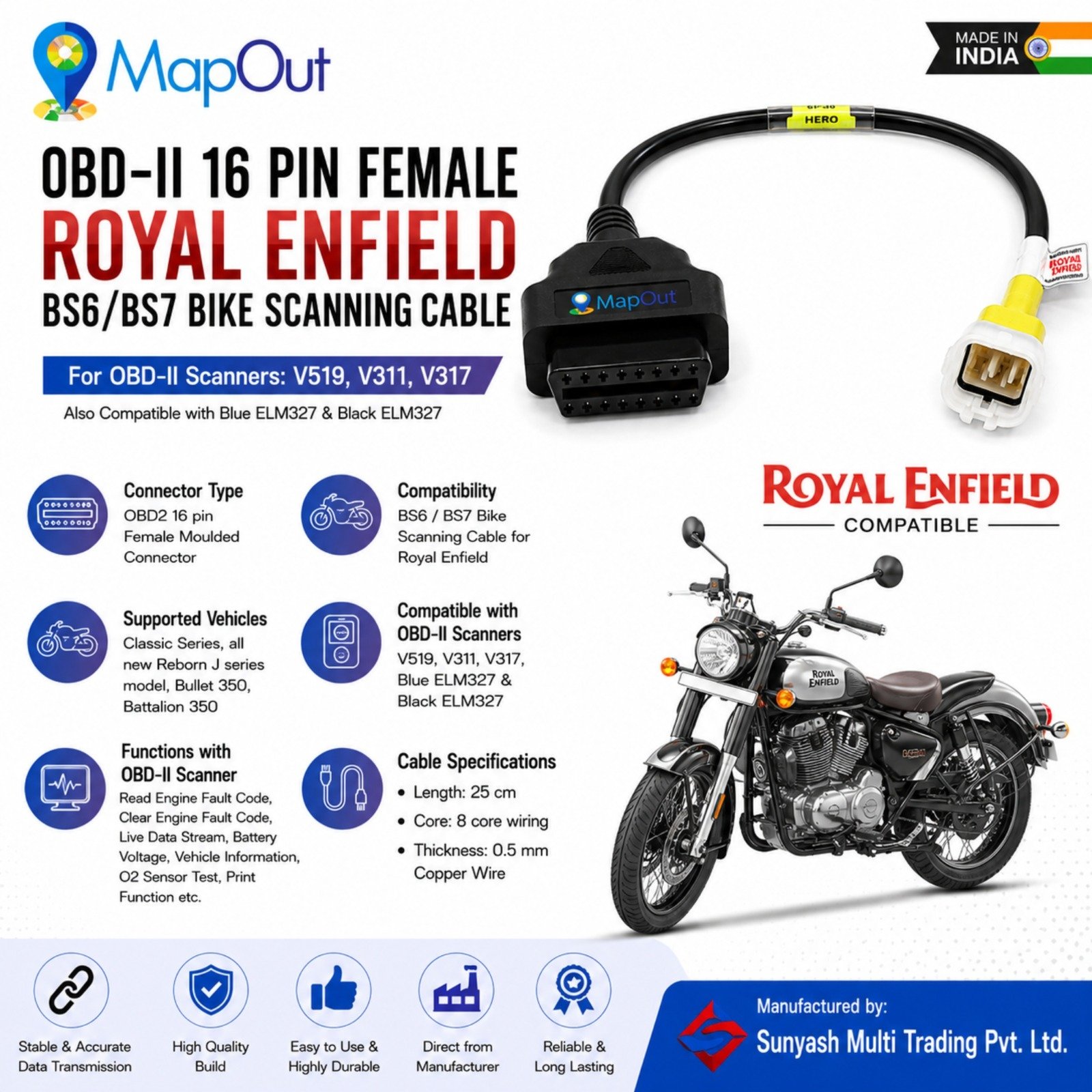 SMPL110 OBD-ll 16 Pin Female to 5 Pin Male Coupler for Royal Enfield BS6/BS7 Bike Scanning Cable Compatible with OBD-ll V519, V311, V317 and Blue ELM327 Scanner - Image 3