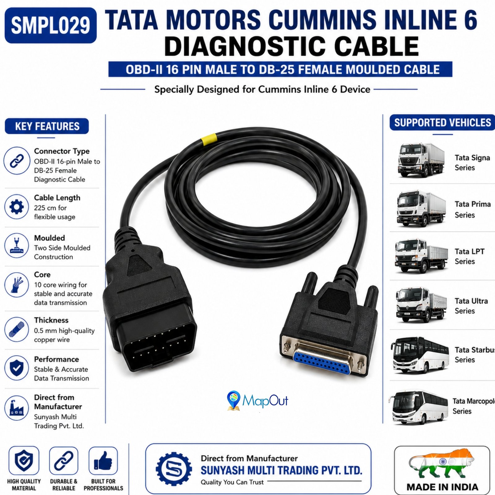 SMPL029 Tata Motors Cummins Inline 6 OBD-ll 16 Pin Male to DB-25 Female Diagnostic Both Side Moulded Cable for most heavy and medium-duty commercial vehicles - Image 4