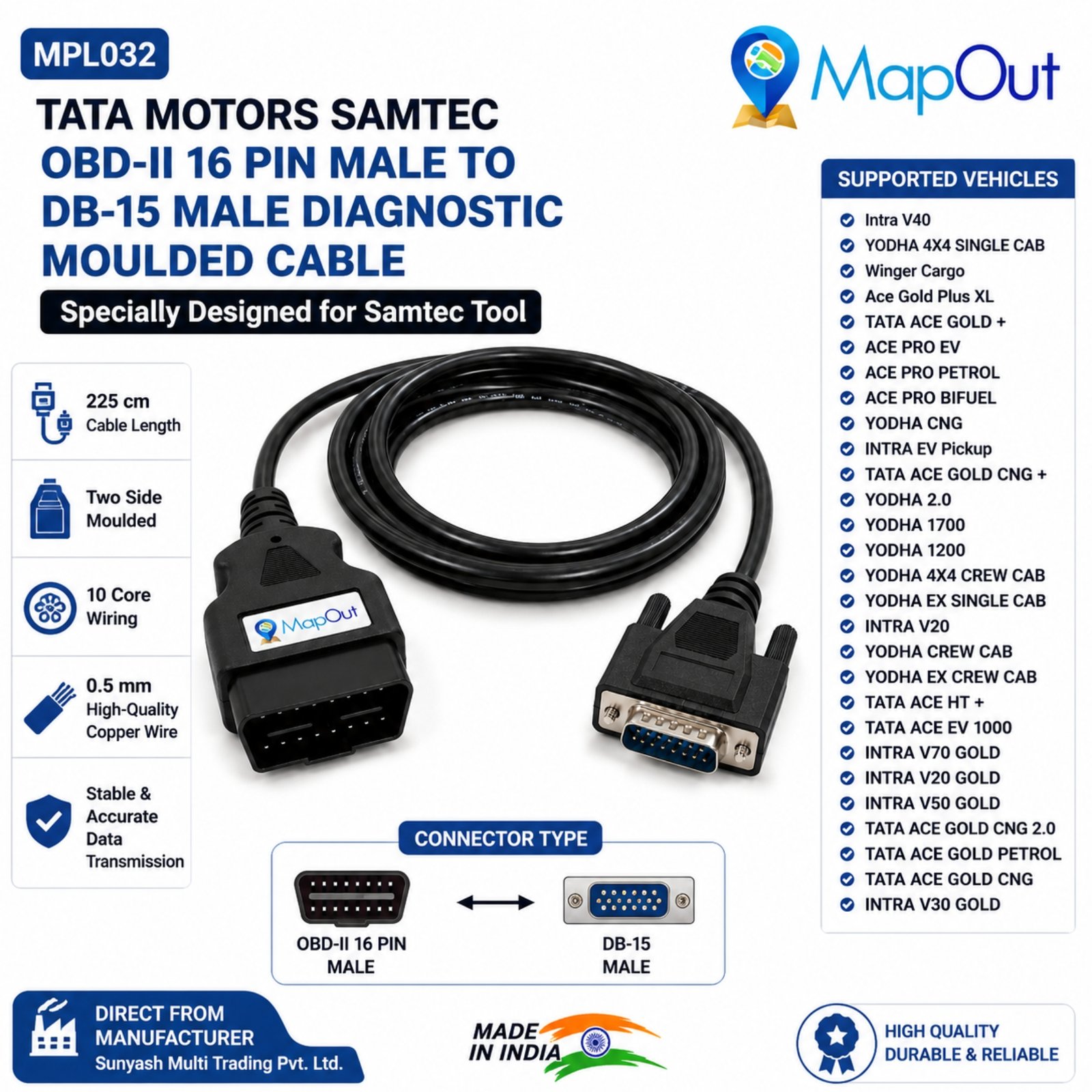 SMPL032 Tata Motors Samtec OBD-ll 16 Pin Male to DB-15 Male Diagnostic Both Side Moulded Cable for Small Commercial Vehicles - Image 4