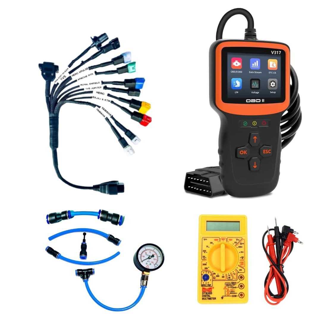 SMPL128 V317 OBD-ll Diagnostic Scanner with 11 in 1 OBD-ll 16 Pin Female BS6/BS7 Bike Scanning Cable, Digital Multimeter, Fuel Pressure Guage