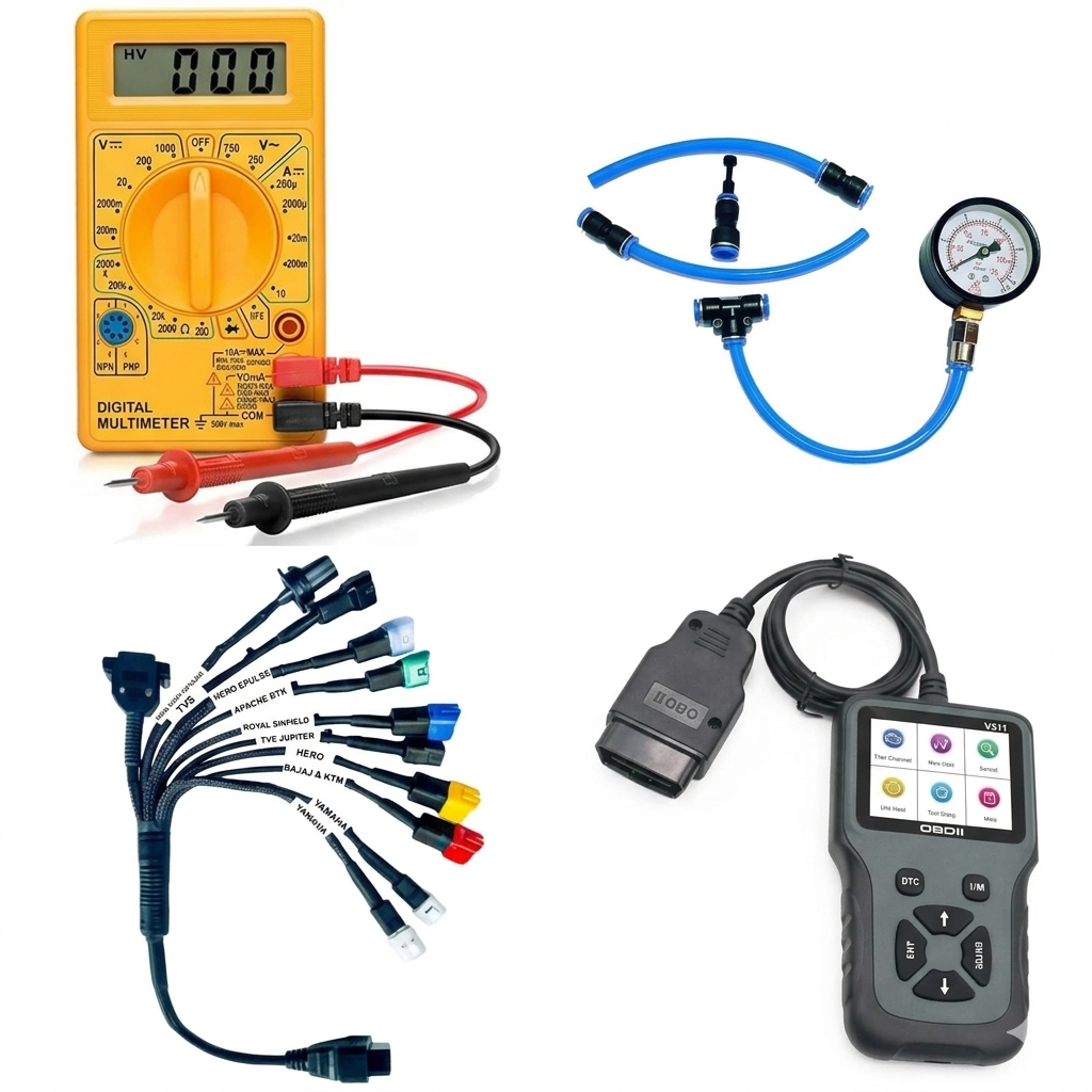 SMPL127 V311 OBD-ll Scanner with 11 in 1 OBD-ll 16 Pin Female BS6/BS7 Bike Scanning Cable, Digital Multimeter, Fuel Pressure Guage