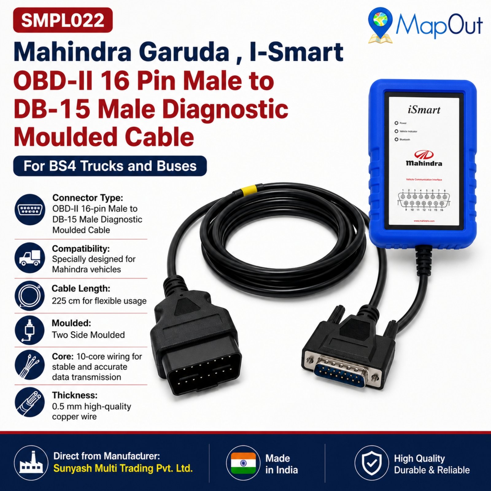 SMPL022 Mahindra Garuda , I-Smart OBD-ll 16 Pin Male to DB-15 Male Diagnostic Both Side Moulded Cable for BS4 Trucks and Buses - Image 4