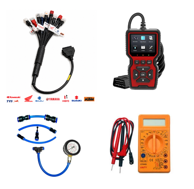 SMPL129 V519 OBD-ll Diagnostic Scanner with 11 in 1 OBD-ll 16 Pin Female BS6/BS7 Bike Scanning Cable, Digital Multimeter, Fuel Pressure Guage
