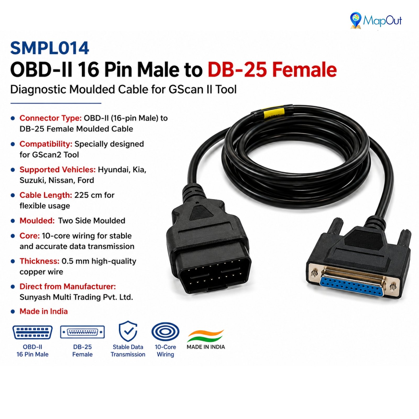 SMPL014 OBD-ll 16 Pin Male to DB-25 Female Diagnostic Both Side Moulded Cable for GScan ll Tool - Image 5