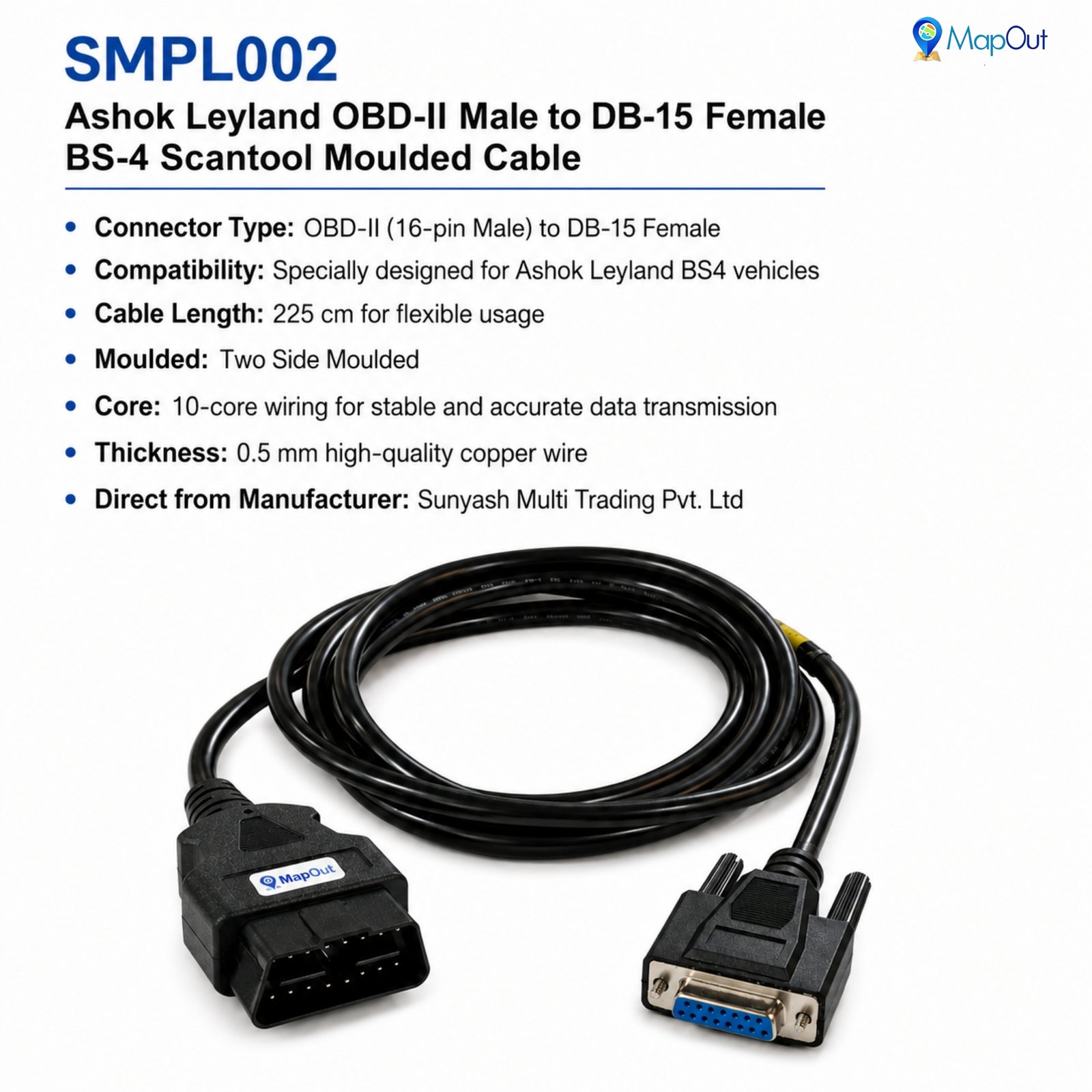 SMPL002 Ashok Leyland OBD-ll 16 Pin Male to DB-15 Female BS4 Scantool Diagnostic Both Side Moulded Cable for Trucks & Buses - Image 4