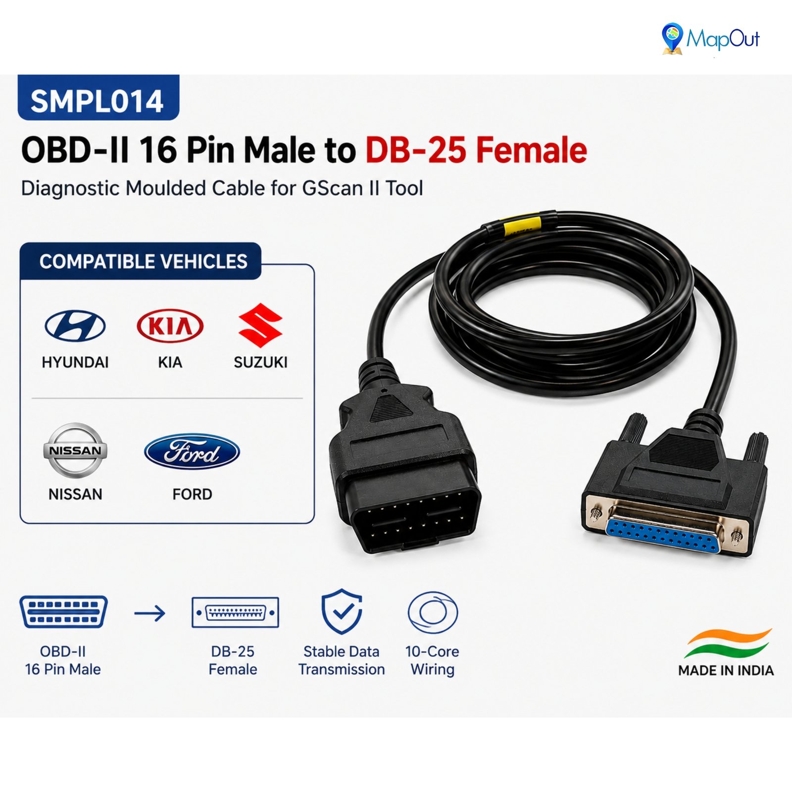 SMPL014 OBD-ll 16 Pin Male to DB-25 Female Diagnostic Both Side Moulded Cable for GScan ll Tool - Image 4