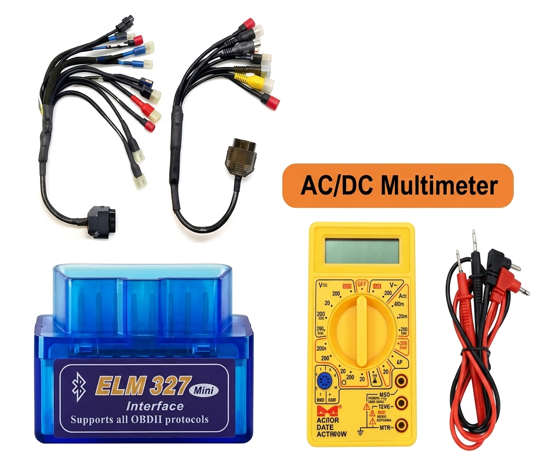 SMPL134 Blue OBD-ll ELM327 Scanner with Multi Coupler 18 in 1 OBD-ll 16 Pin Female BS6/BS7 Bike Scanning Cable, Digital Multimeter