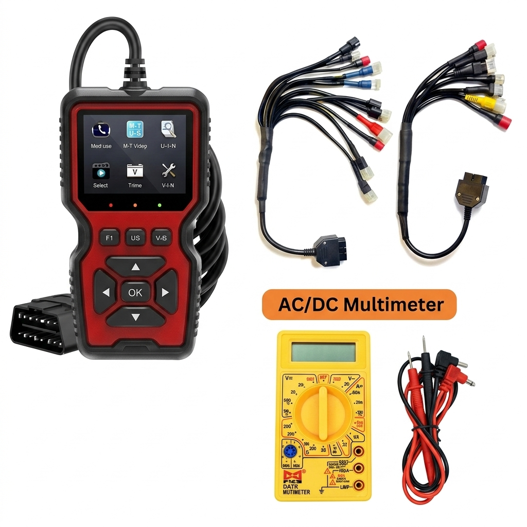 SMPL136 V519 OBD-ll Diagnostic Scanner with Multi Coupler 18 in 1 OBD-ll 16 Pin Female BS6/BS7 Bike Scanning Cable, Digital Multimeter