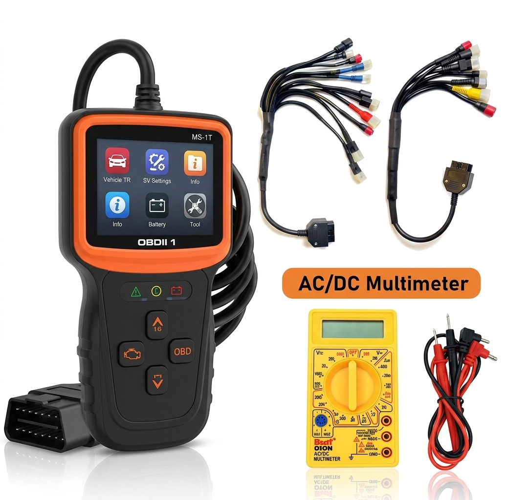SMPL135 V317 OBD-ll Diagnostic Scanner with Multi Coupler 18 in 1 OBD-ll 16 Pin Female BS6/BS7 Bike Scanning Cable, Digital Multimeter