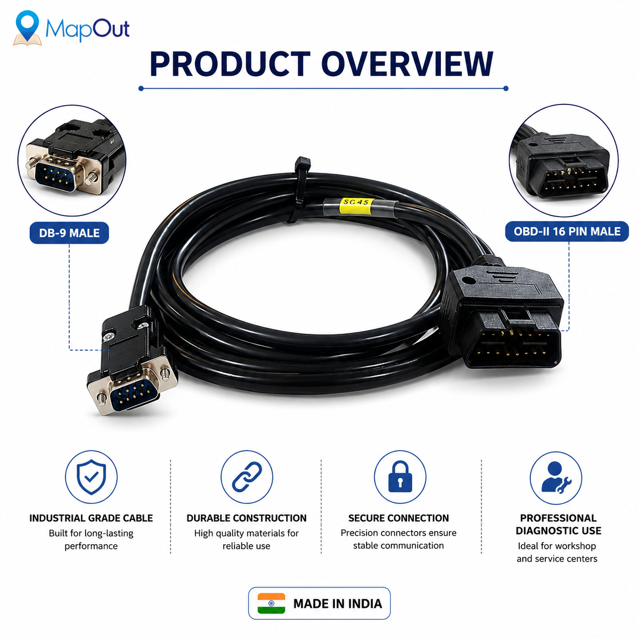 SMPL017 Mahindra OBD-ll 16 Pin Male to DB-9 Male Diagnostic Cable - Image 3