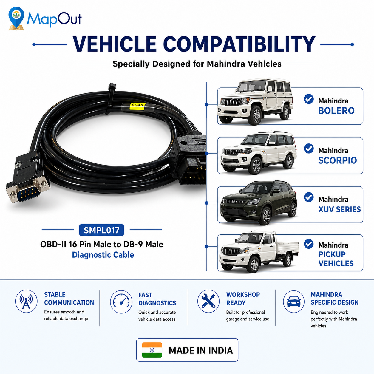 SMPL017 Mahindra OBD-ll 16 Pin Male to DB-9 Male Diagnostic Cable - Image 4