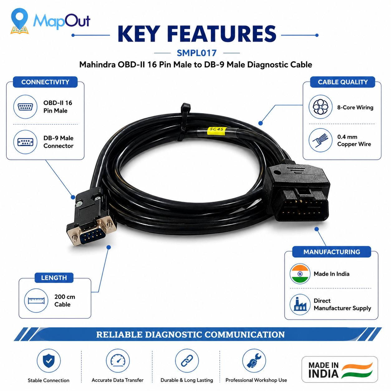 SMPL017 Mahindra OBD-ll 16 Pin Male to DB-9 Male Diagnostic Cable - Image 6